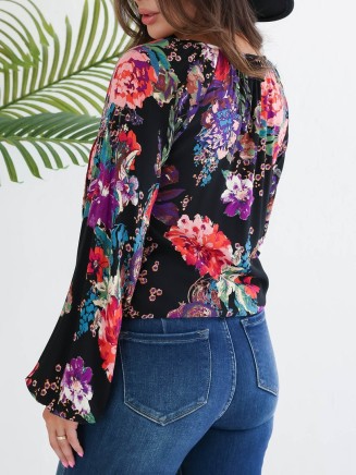 Black floral pattern bubble sleeve tie up top