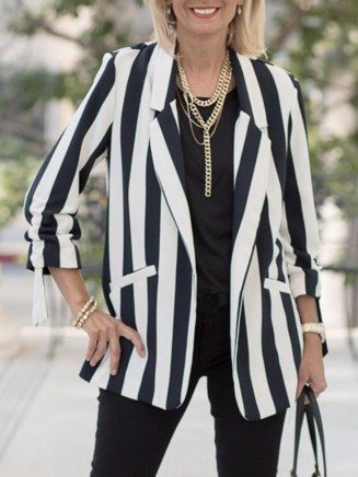 Black ivory white striped cuffs drawstring suit jacket