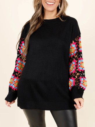 Black patchwork colorful embroidered sleeve sweater