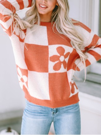 Brown Checkered Floral Print Striped Sleeve Sweater