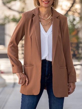 Brown pleated pocket open front suit jacket